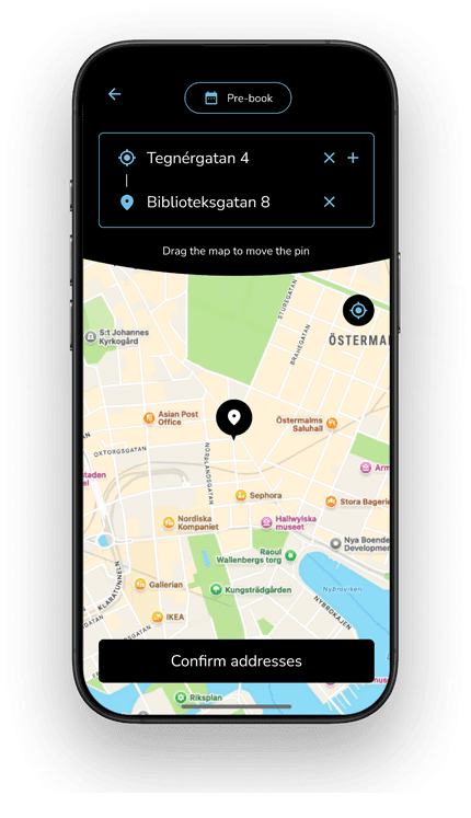 Smartphone screen showing a map with pins at "Tegnérgatan 4" and "Biblioteksgatan 8." Button below reads "Confirm addresses."