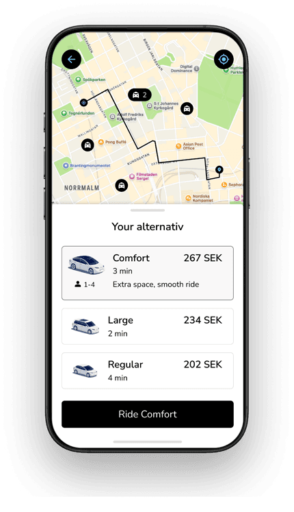 Smartphone displaying a ride-hailing app with a map, ride options, prices, and estimated times: Comfort (267 SEK), Large (234 SEK), Regular (202 SEK).